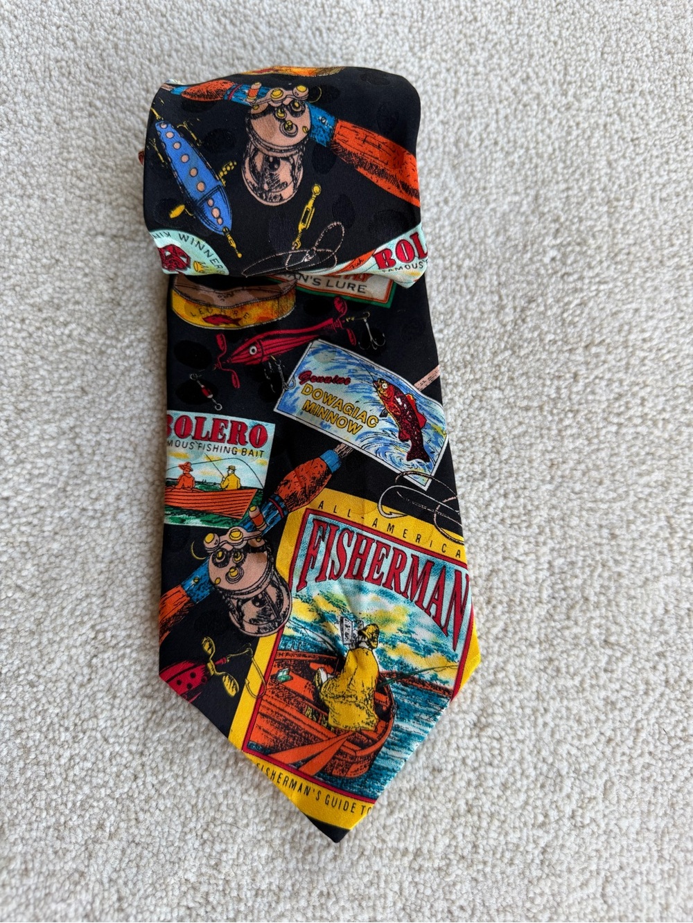 Fisherman Novelty Print Silk Tie - Black with Multicolor Fishing Motif